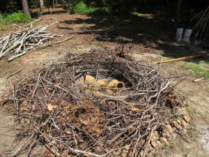 "Nest" of firewood with pots in center firing 1